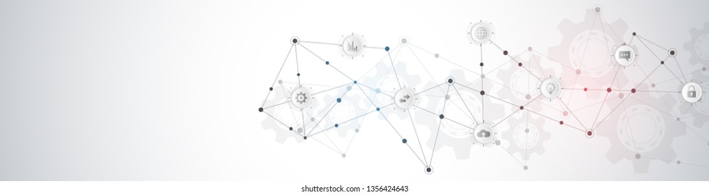 Website header or banner design with abstract technical background and connecting dots and lines. Digital technology and communication concept with flat icons