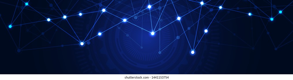 Website header or banner design with abstract geometric background and connecting dots and lines. Global network connection. Digital technology with plexus background and space for your text