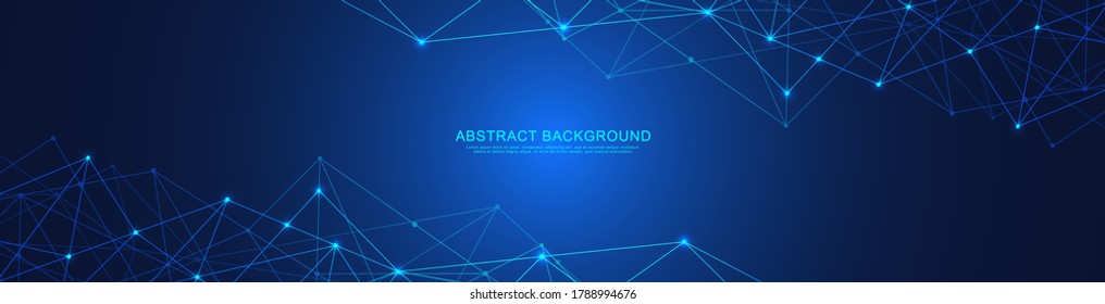 Cabecera o diseño de banner del sitio web con fondo poligonal abstracto y puntos y líneas de conexión. Conexión de red global. Tecnología digital con fondo plexado y espacio para tu texto