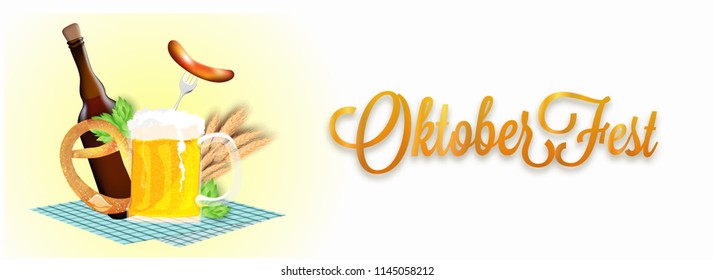 Website header or banner design with beer mug, bottle, sausage, fork, pretzel, hops, wheat grain on napkin for Oktoberfest celebration concept.