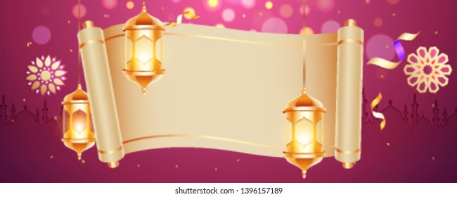 Website header or banner design with blank scroll paper given for your message and hanging illuminated lanterns decorated on bokeh purple background.