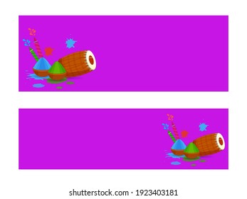 Cabecera De Sitio Web O Diseño De Banner Con Tapones Llenos De Polvo (Gulal), Armas De Color, Instrumento Dhol En Dos Opciones.