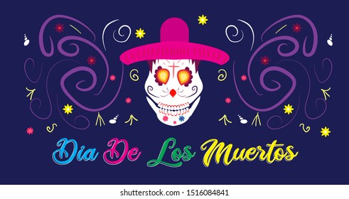 Website header or banner design with colorful calligraphy Dia De Los Muertos and sugar skull or calaveras on purple background.