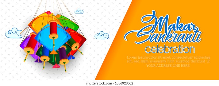 Website header or banner design colorful kites for Happy Makar Sankranti festival celebration. Vector Background.