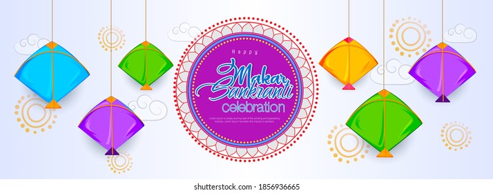 Website header or banner design with colorful kites on white background for Happy Makar Sankranti festival. Vector illustration.