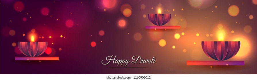 Website header or banner design with creative style illuminated oil lamps on shiny bokeh background for Indian Festival Diwali celebration concept.