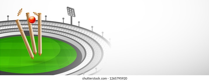 Website header or banner design with cricket equipments on stadium view background and space for your message.