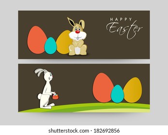 Website-Header oder Banner-Design mit süßen kleinen, bunten und sonnigen Eiern auf braunem Hintergrund. 