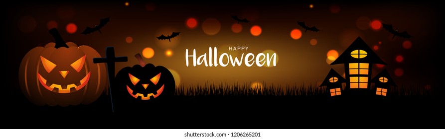 Website header or banner design decorated with haunted house, spooky jack-o-lanterns for Happy Halloween celebration concept.