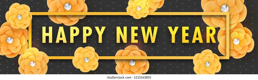 Website header or banner design decorated with paper cut flowers for Happy New Year celebration.