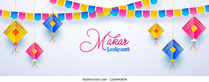 Website header or banner design decorated with colorful kites and bunting flags on white background for Happy Makar Sankranti festival.