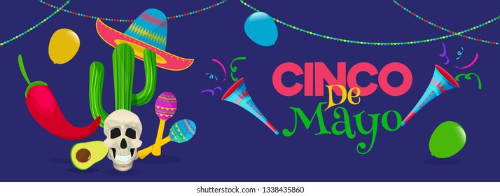Website header or banner design decorated with colorful bunting and party elements for Cinco De Mayo celebration.