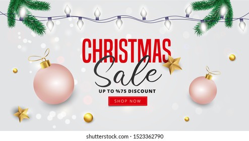 Website header or banner design decorated with pine tree leaves, garland, golden stars, baubles and 75% discount offer for Christmas Sale.
