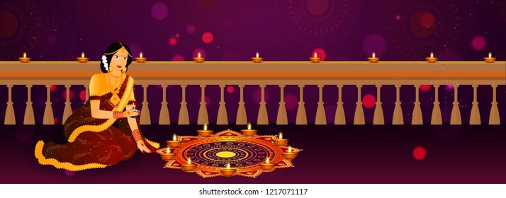Website header or banner design for Diwali Festival, young woman decorate illuminated oil lamps on purple bokeh background.