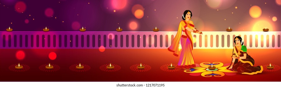 Website header or banner design for Diwali Festival, young woman decorate illuminated oil lamps on purple bokeh background.