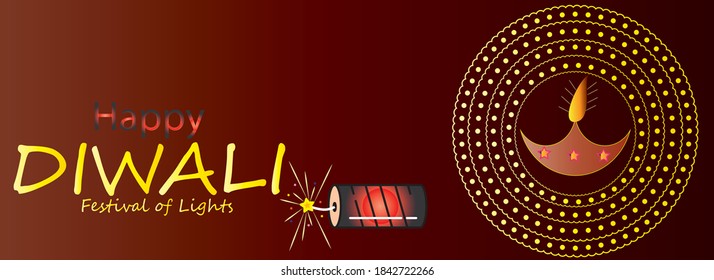 Cabecera de sitio web o diseño de banner con lámpara diya sobre fondo marrón para la celebración del Festival Diwali.