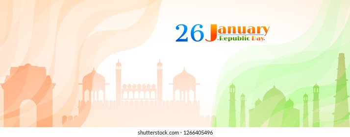Website header or banner design with famous Indian monuments on abstract wavy background for 26 January, Republic Day celebration.