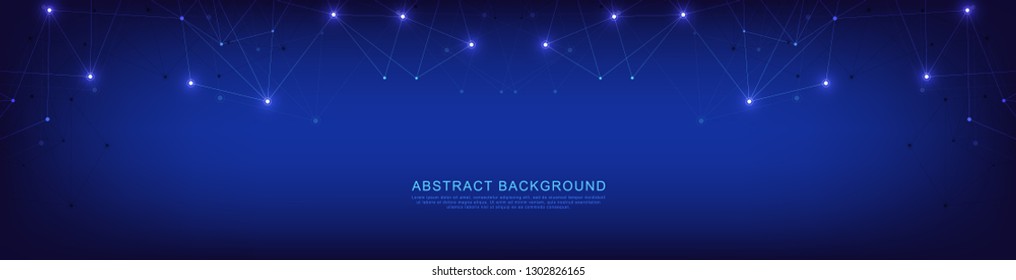 Website header or banner design with geometric abstract background of connected dots and lines. Global network connection. Digital technology with plexus background and space for your text