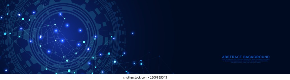Website header or banner design with geometric abstract background of connected dots and lines. Global network connection. Digital technology with plexus background and space for your text