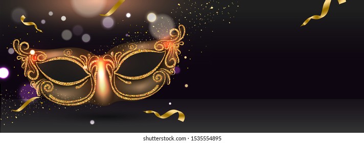 Website header or banner design with glittering party mask illustration on black bokeh effect background.