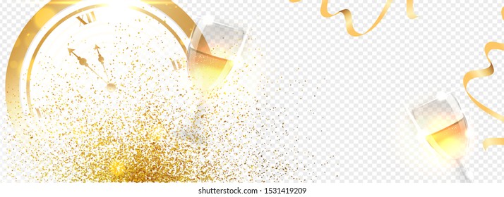 Website header or banner design with golden clock and wine glasses on white transparent background.