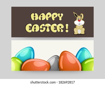 Website header or banner design with golden text, cute little bunny and glossy eggs on abstract background.