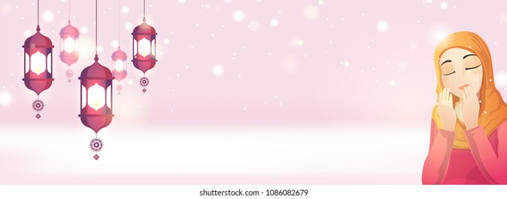 Website header or banner design with hanging lanterns and muslim girl praying and space for your message.