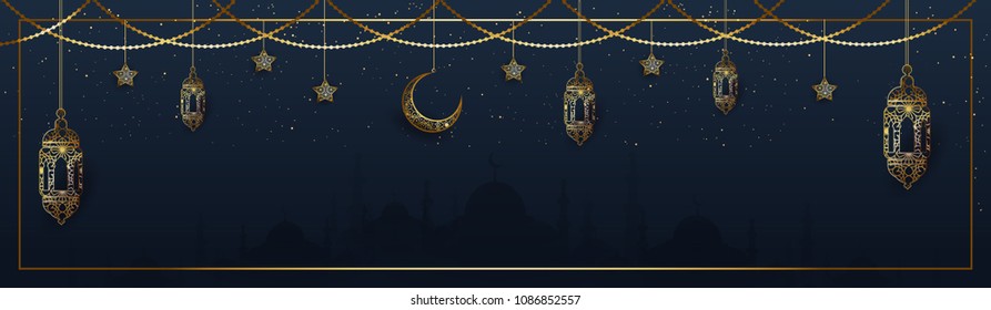 Website header or banner design with hanging intricate lanterns, star and moon on blue background. Website header or banner design with hanging intricate lanterns, star and moon on blue background.