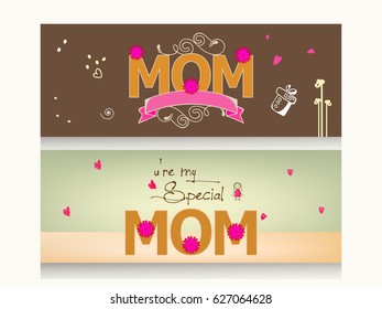 Website Header or Banner Design for Happy Mother's Day with Creative text "Mom" on decorative background, Vector Illustration. 