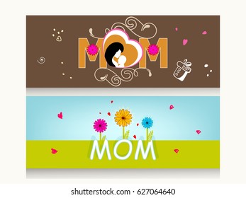 Website Header or Banner Design for Happy Mother's Day with Creative text "Mom", Mother and Baby etc. on decorative background, Vector Illustration.