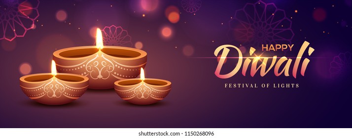 Website header or banner design with illuminated oil lamps (Diya) and shiny text Happy Diwali on purple floral background for Indian festival celebration.