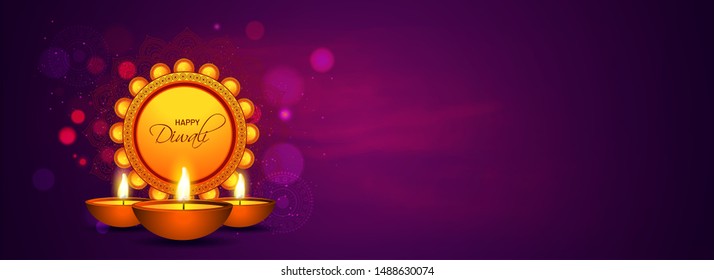 Website header or banner design with illuminated oil lamps (Diya) and lighting garland decorated on brown background for Happy Diwali celebration.