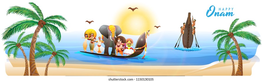 Website header or banner design, illustration of King Mahabali, Kathakali, Classical dancer, Elephant and Snake Boat Racing showing culture of Kerala. South Indian festival Onam celebration.