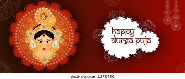 Website header or banner design with illustration of Hindu Mythological Goddess Durga on glossy red background for Durga Puja festival celebration.