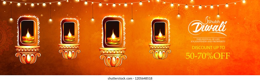 Website header or banner design with illustration of realistic illuminated oil lamps and floral burnshina background for shubh Diwali Website header or banner design with illustration of realistic illuminated oil lamps and floral burnshina background for shubh Diwali