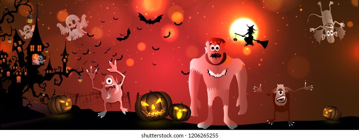 Website header or banner design with illustration of scary monsters and pumpkins on blurred background.