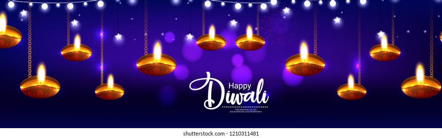Website header or banner design with illustration of realistic illuminated oil lamp
for Diwali festival, and top view