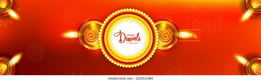 Website header or banner design with illustration of realistic illuminated oil lamp
for Diwali festival, and top view