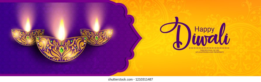 Website header or banner design with illustration of realistic illuminated oil lamp
for Diwali festival, and top view