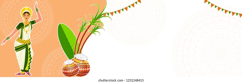 Website header or banner design with illustration of young girl in traditional clothing and festival elements on floral background for South Indian festival celebration.