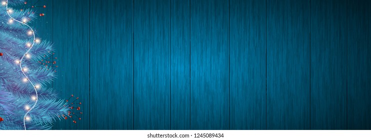 Website header or banner design, illustration of xmas tree decorated with lighting garland on blue wooden texture background with space for your message.