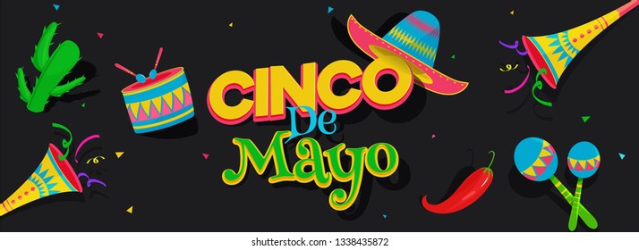 Website header or banner design with illustration of Cinco De Mayo celebration, decoration of music instrument and colorful hat.