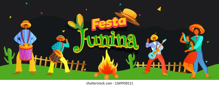 Website header or banner design with illustration of Brazilian dancing couple and men playing music instrument for Festa Junina celebration concept.