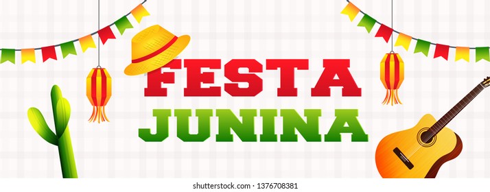 Website header or banner design with illustration of cactus, hat and guitar for Festa Junina celebration concept.