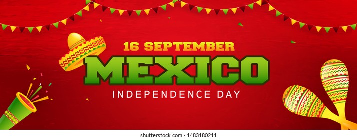 Website header or banner design with illustration of sombrero hat, maracas and party popper on red background for 16 September, Mexico Independence Day celebration.