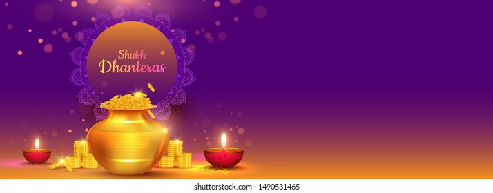 Website header or banner design with illustration of golden coins pot and illuminated oil lamps (Diya) for Shubh (Happy) Dhanteras celebration concept.