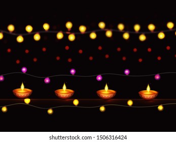 Website header or banner design with illustration of realistic illuminated oil lamps and floral mandala on blurred bokeh background for Diwali festival and space for your text.