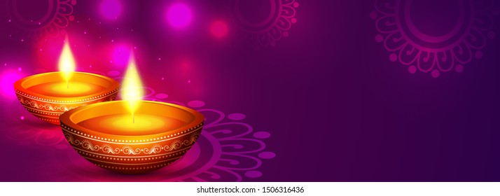 Website header or banner design with illustration of realistic illuminated oil lamps and floral mandala on blurred bokeh background for Diwali festival and space for your text.