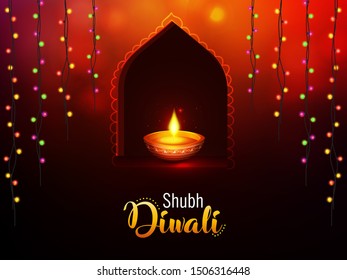 Website header or banner design with illustration of realistic illuminated oil lamps and floral mandala on blurred bokeh background for Diwali festival and space for your text.