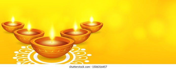 Website header or banner design with illustration of realistic illuminated oil lamps and floral mandala on blurred bokeh background for Diwali festival and space for your text.